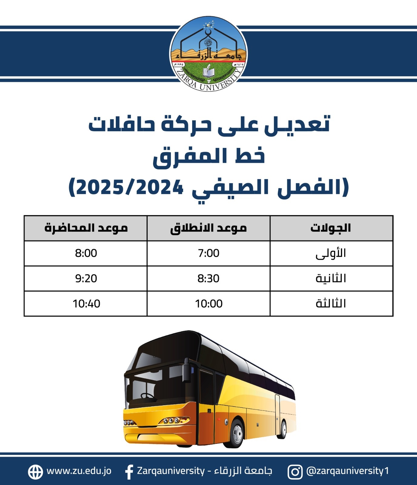  جامعة الزرقاء - تعديل على حركة حافلات جامعة الزرقاء – خط المفرق، ابتداءً من يوم الأحد القادم 